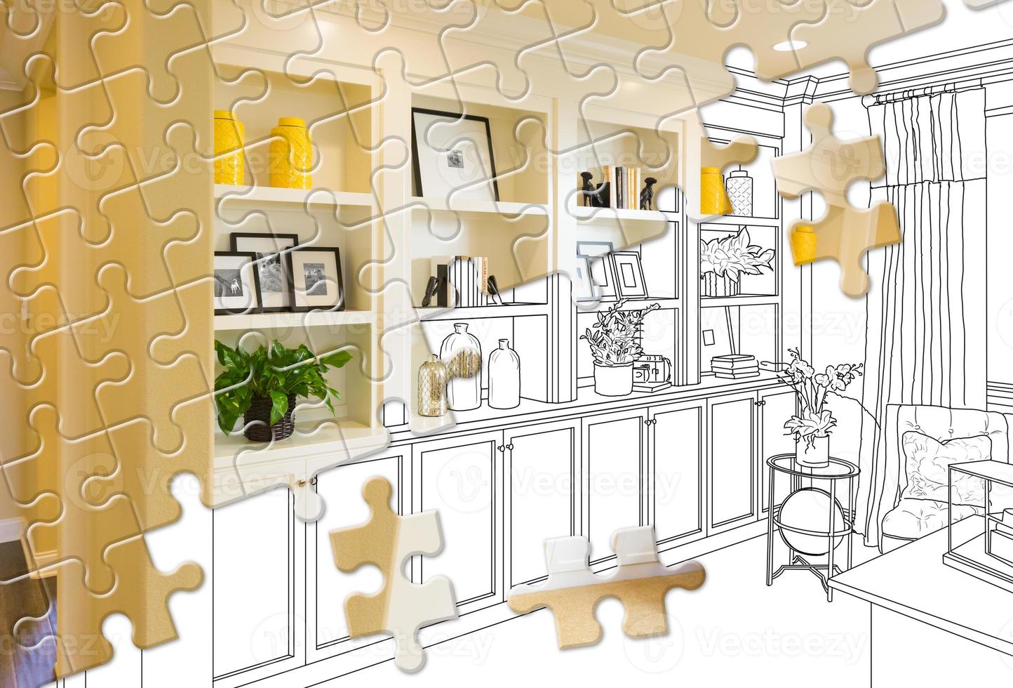 Puzzle Pieces Fitting Together Revealing Finished Built-In Build Over Drawing photo