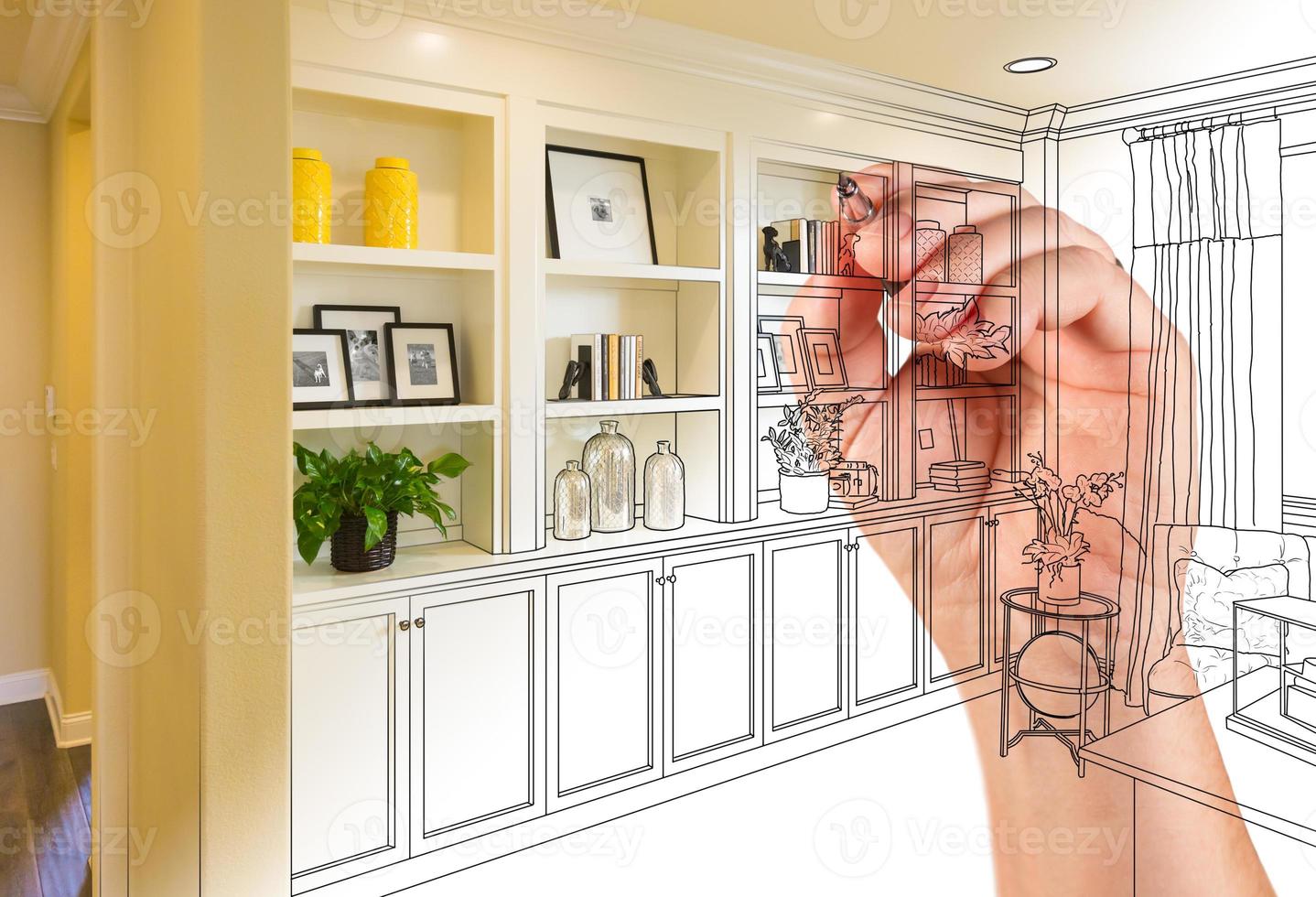 Hand Drawing Home Built-in Shelves and Cabinets with Photo Cross Section Showing