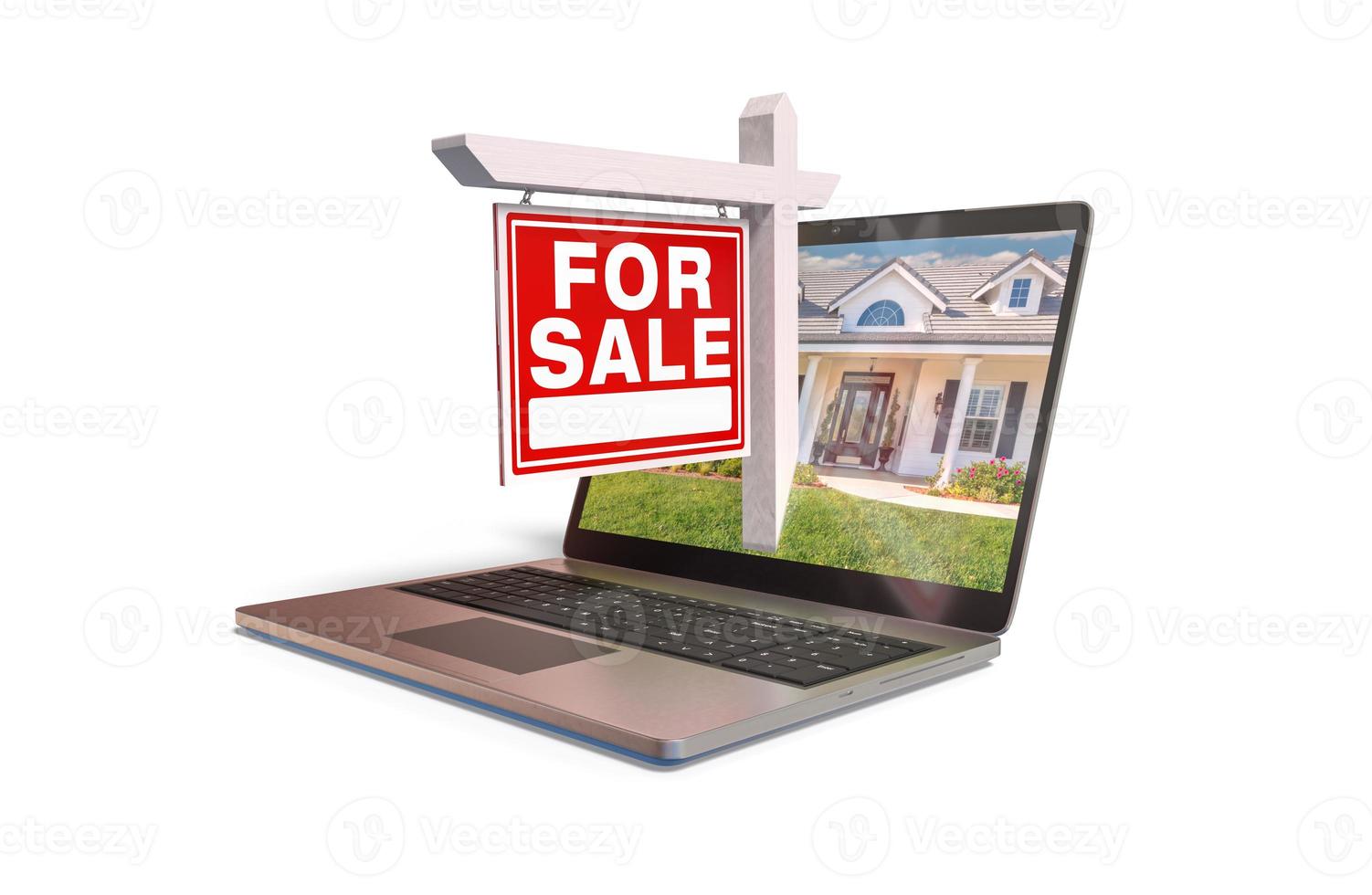 For Sale Real Estate Sign Popping Out of Computer Laptop Screen Isolated on a White Background. photo