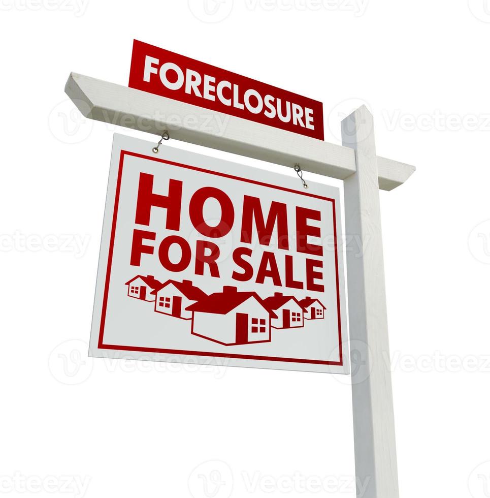 Red Foreclosure Home For Sale Real Estate Sign on White photo