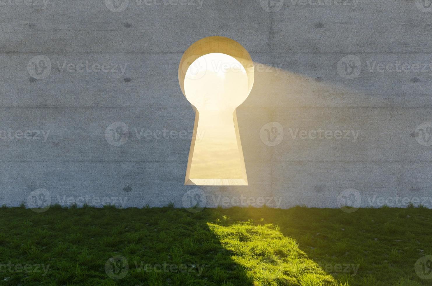 Bright Sun Light Shining Through Keyhole In Concrete Wall in Grass and Rocks Field. photo