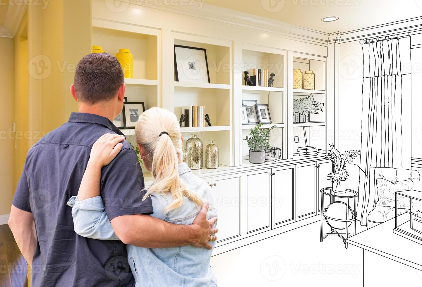 Couple Facing Book Shelf Built-in Drawing Gradating To Photo