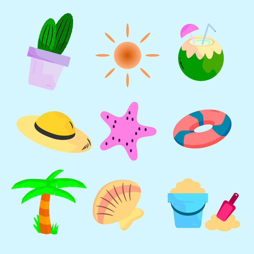 ilustraciones de cactus, sol, fruta de coco, sombrero, estrellas de mar, flotador, cocotero, concha y balde de arena. elementos relacionados con el verano y la playa. adecuado para diseño web, carteles, redes sociales, etc. vector