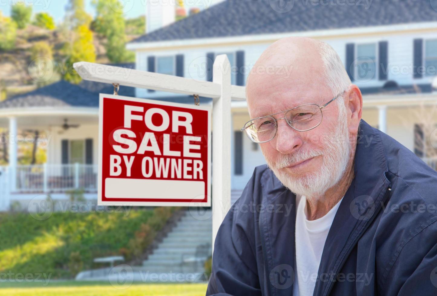 Senior Adult Man in Front of Real Estate Sign, House photo