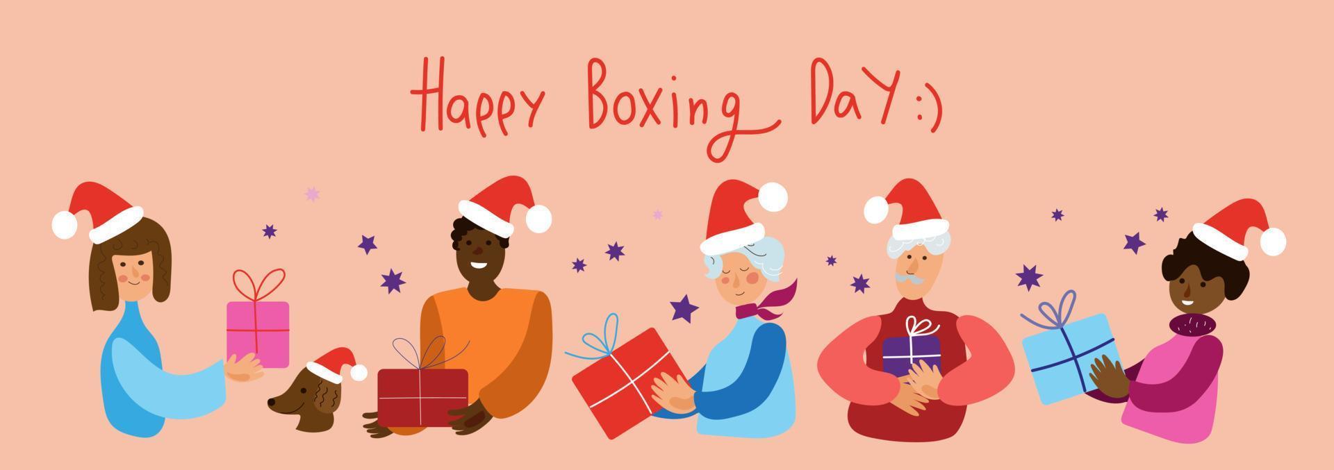 víspera de navidad día de boxeo regalos de Navidad. celebración de año nuevo, concepto banner vector ilustración plana