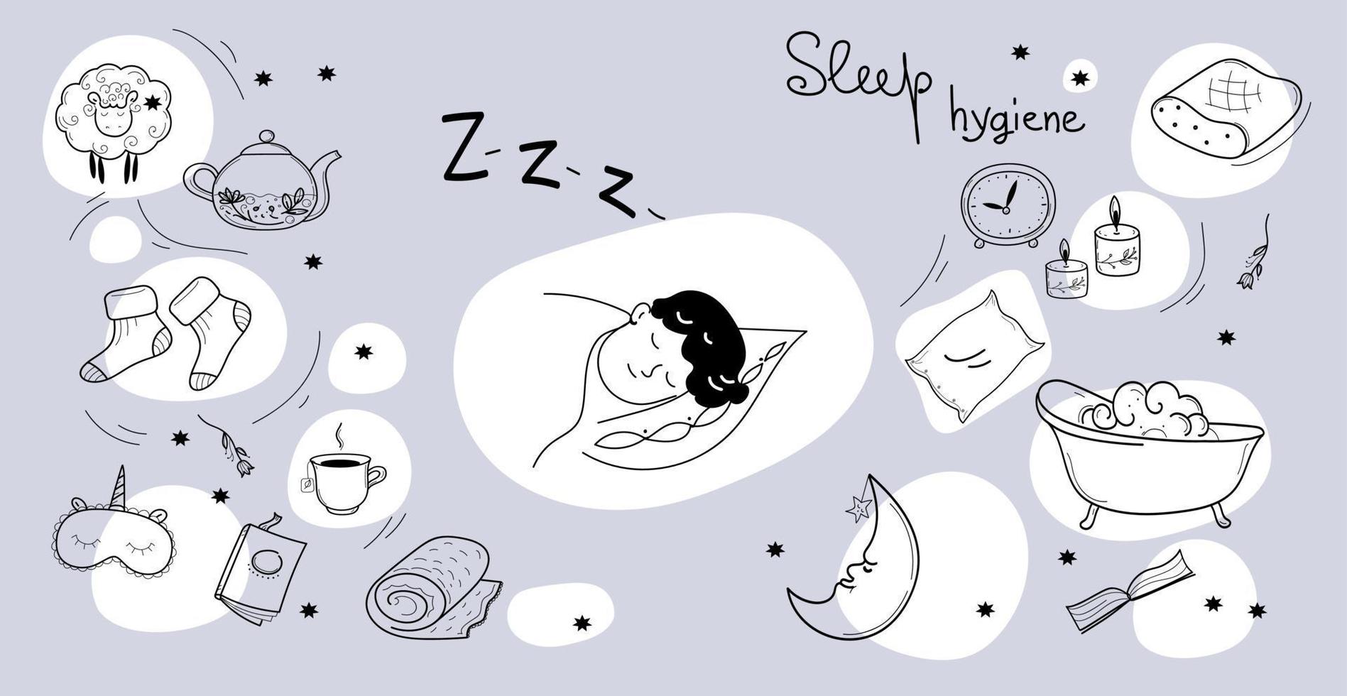 Sleep hygiene set, vector doodle hand drawn sketch illustration
