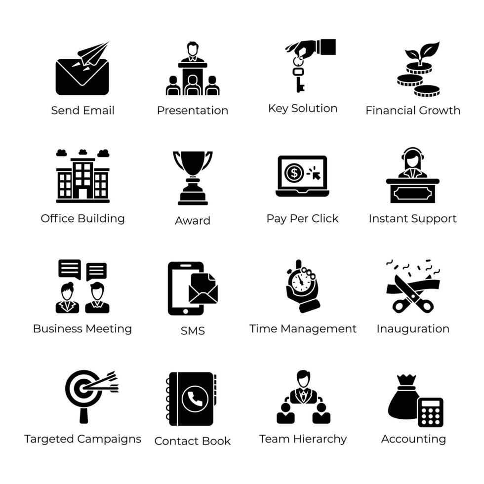 conjunto de iconos de glifos de negocios y oficinas vector