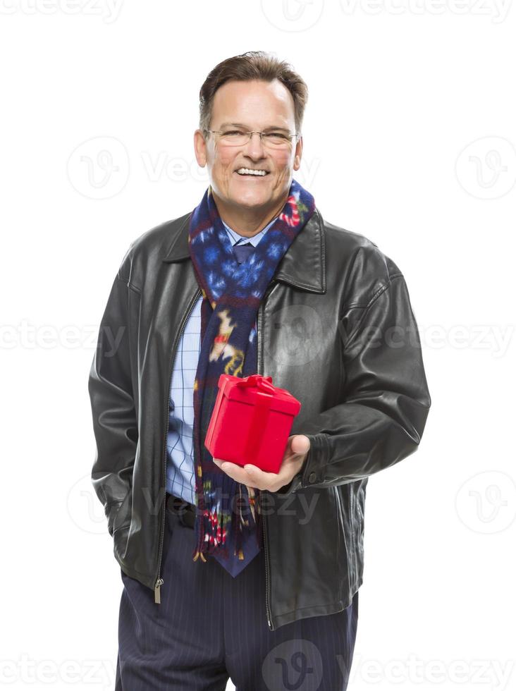 Man Wearing Black Leather Jacket Holding Christmas Gift on White photo