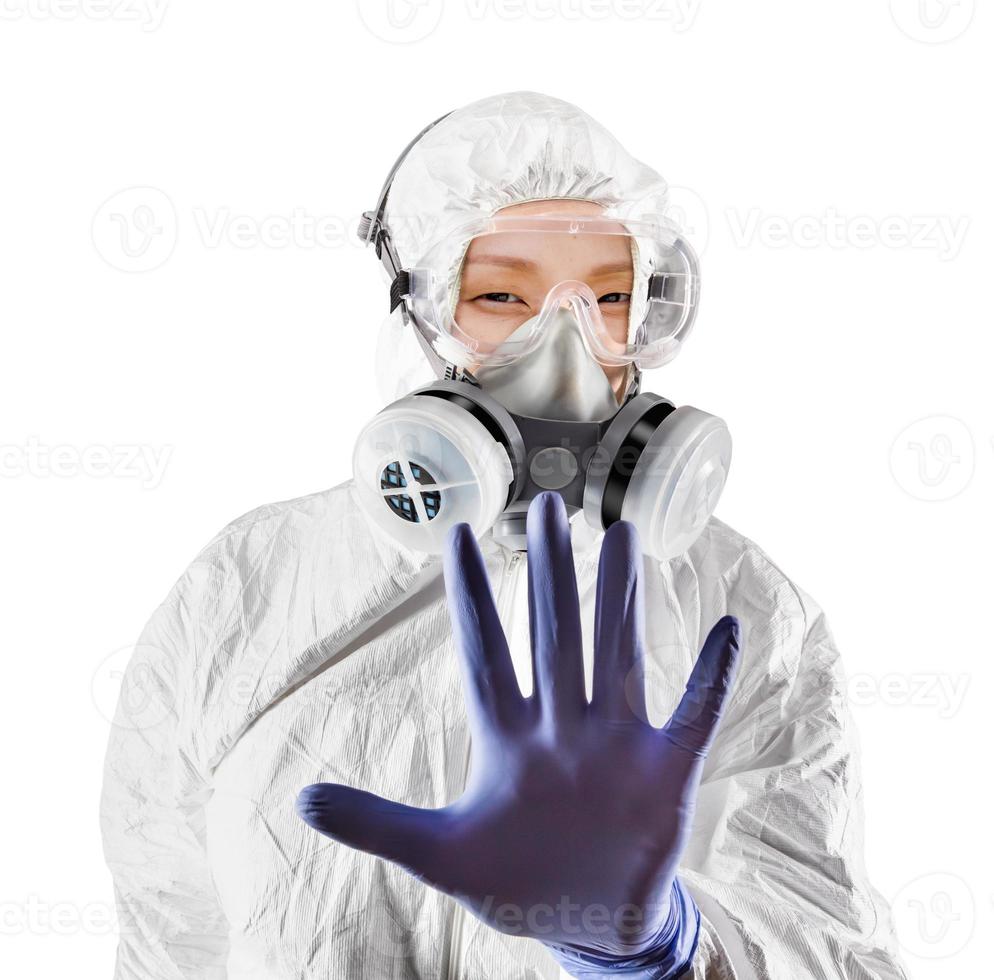 Chinese Woman Wearing Hazmat Suit, Protective Gas Mask and Goggles Isolated On White photo