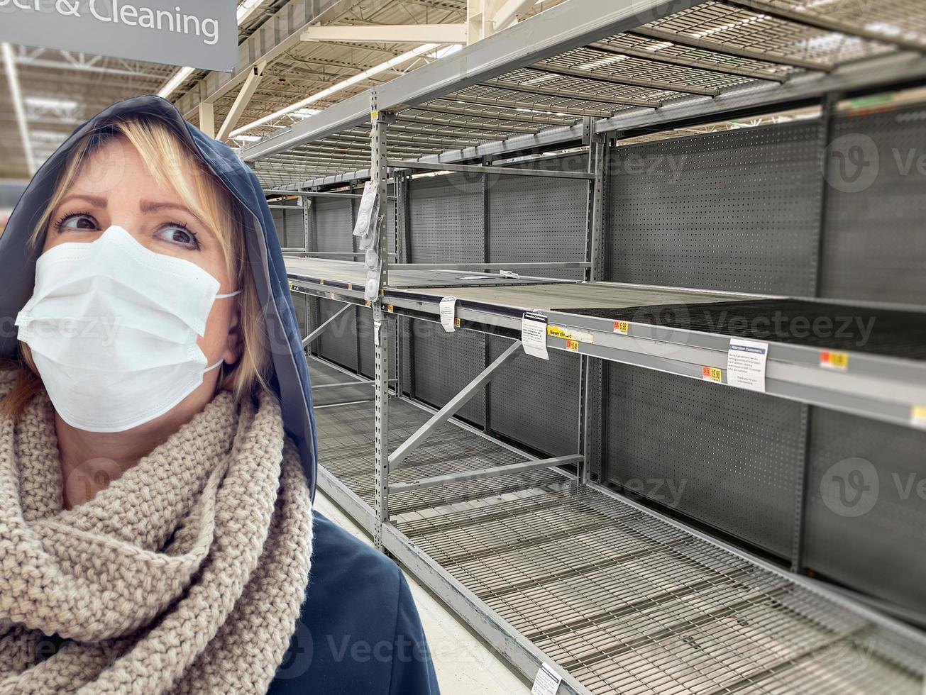 Young Woman Wearing Medical Face Mask In Empty Aisle of Grocery Store photo