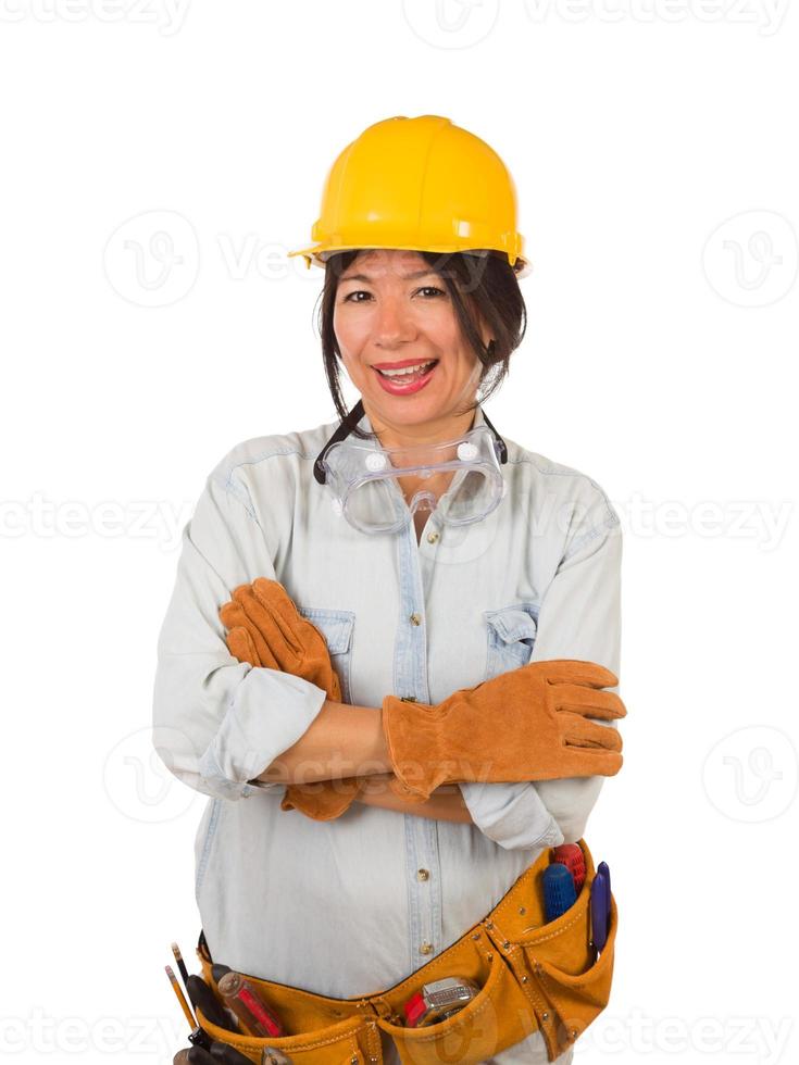 Hispanic Female Contractor Wearing Goggles, Hard Hat and Goggles Isolated on White Background photo