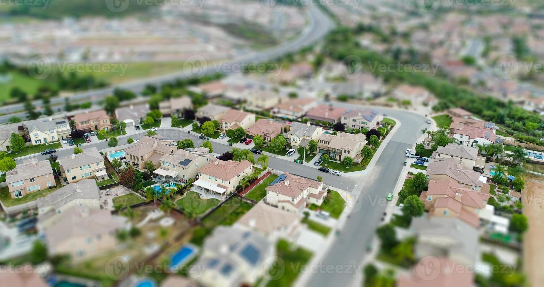 Aerial View of Populated Neigborhood Of Houses With Tilt-Shift Blur photo