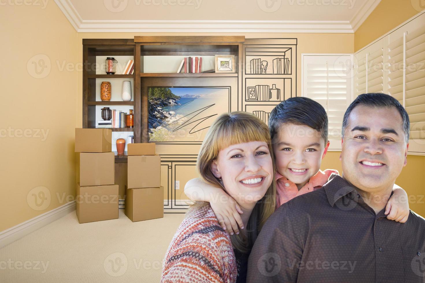 Mixed Race Family In Room With Drawing of Entertainment Unit photo