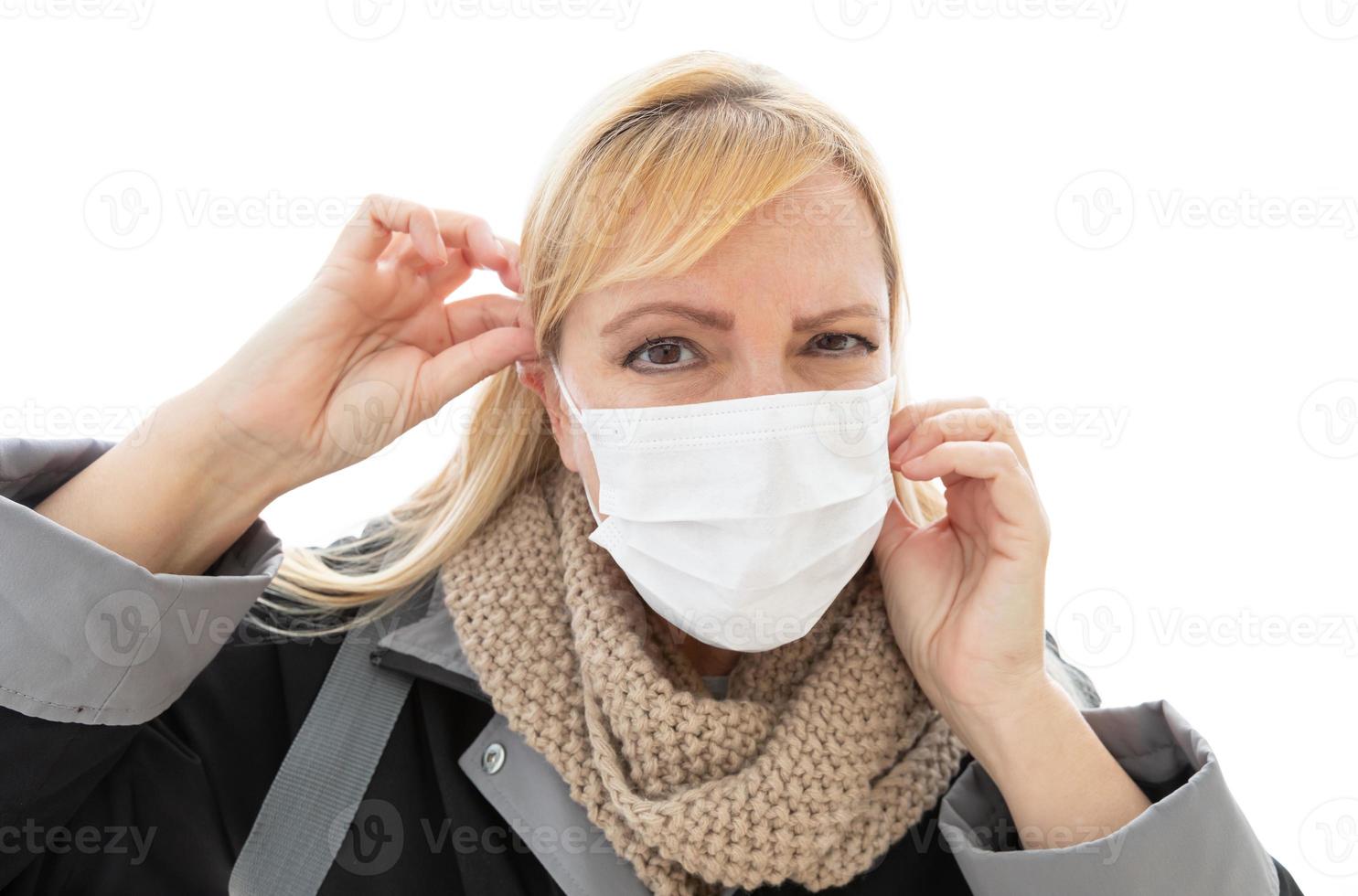 Young Adult Woman Wearing Face Mask Isolated on White Background photo