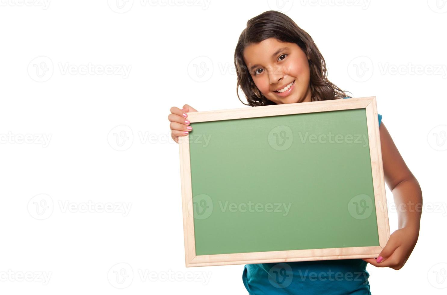 Pretty Hispanic Girl Holding Blank Chalkboard photo