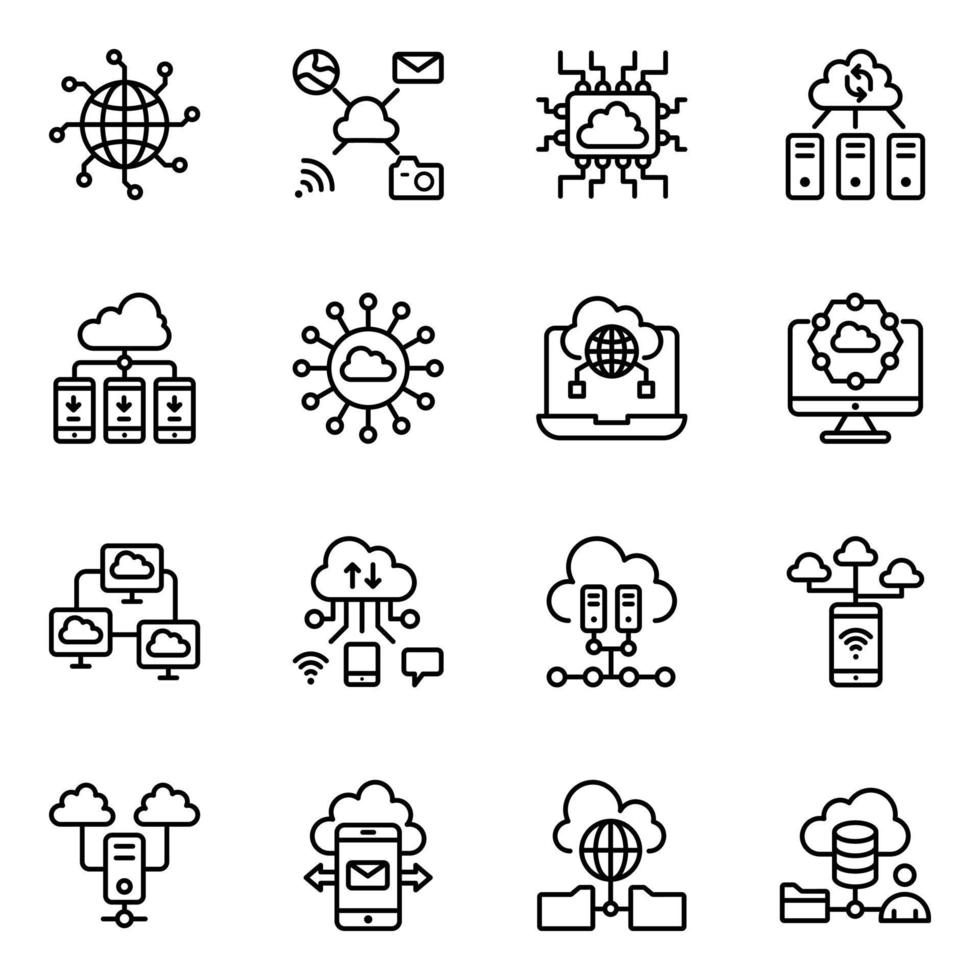 paquete de iconos de línea de datos y computación en la nube vector