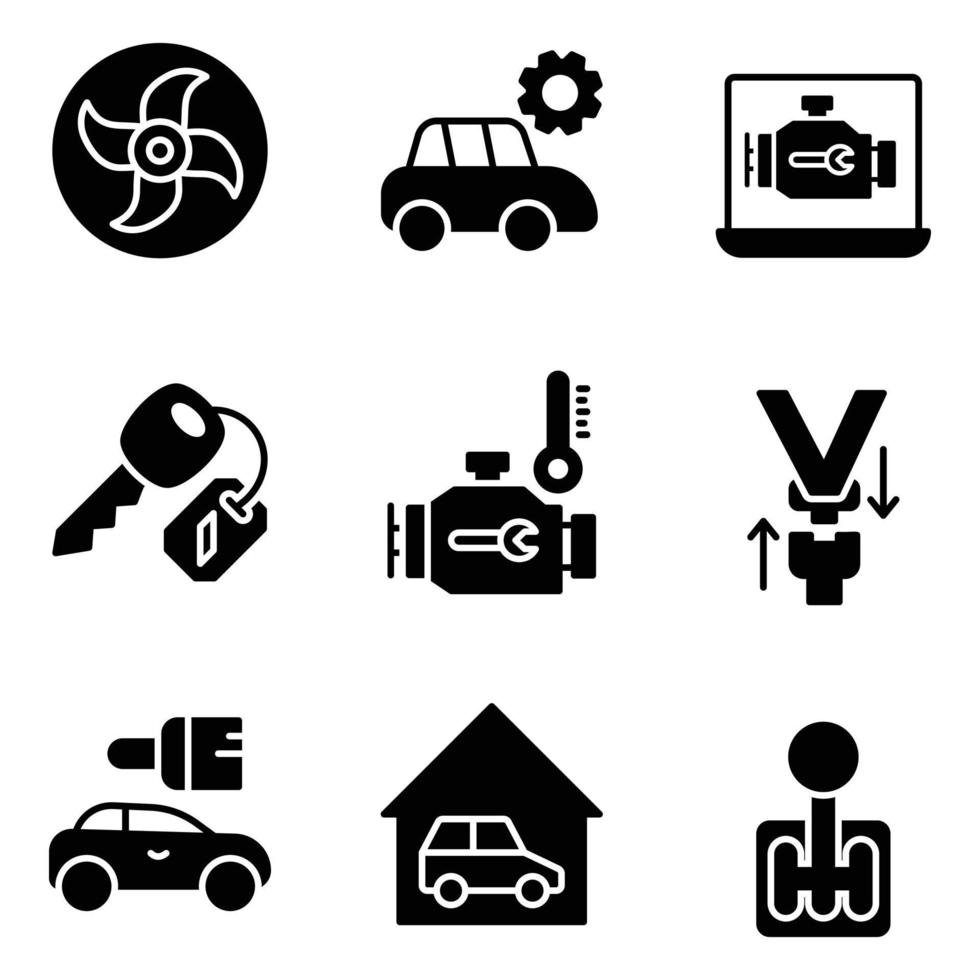 iconos de vector sólido de piezas de repuesto de coche