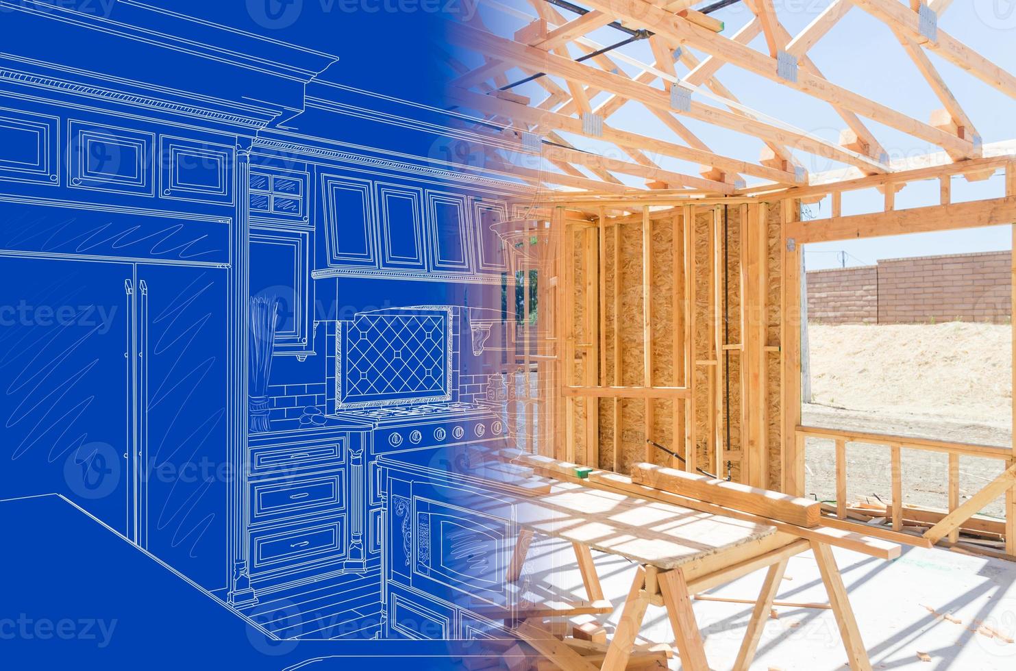 Custom Kitchen Blueprint Design Drawing Gradating Into House Construction Framing photo