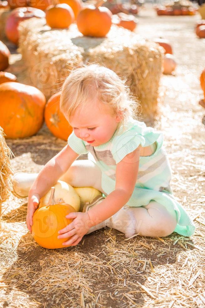 adorable niña divirtiéndose en un rancho rústico en el huerto de calabazas. foto