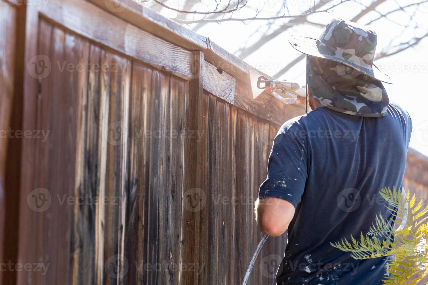 Professional Painter Spraying Yard Fence with Stain 16431137 Stock