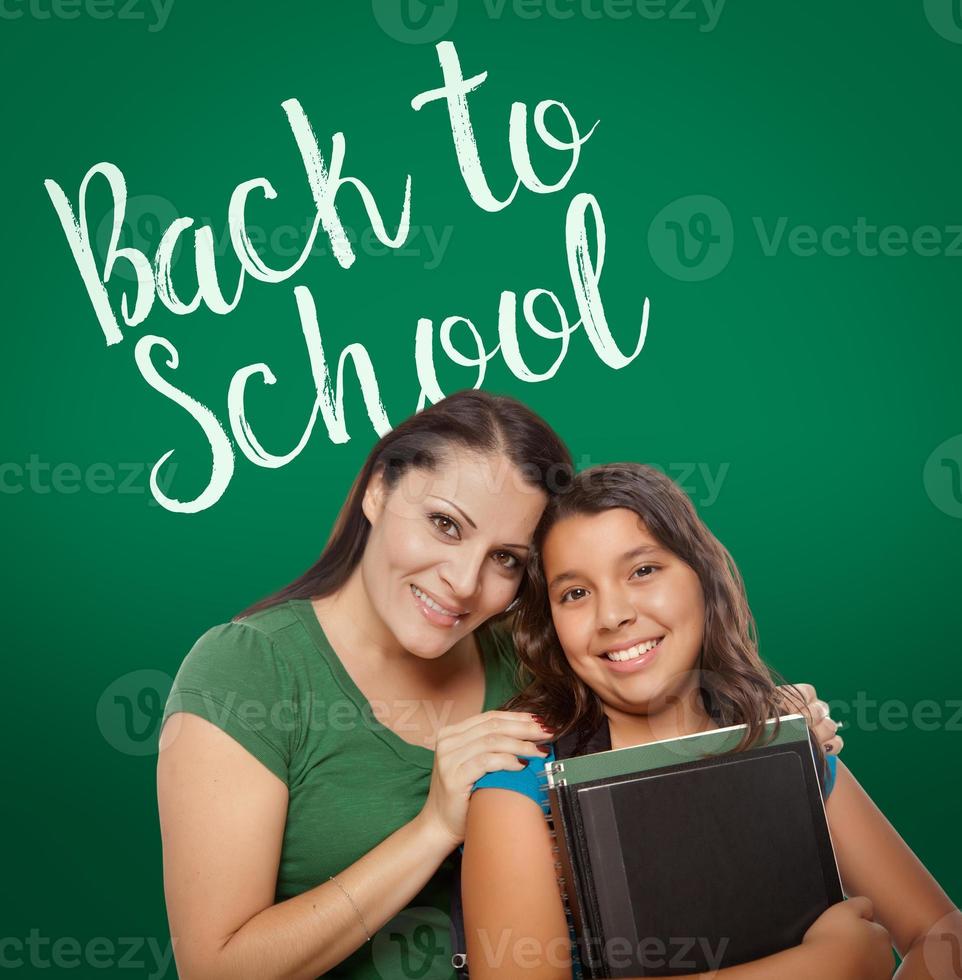 Back To School Written On Chalk Board Behind Proud Hispanic Mother and Daughter Student photo