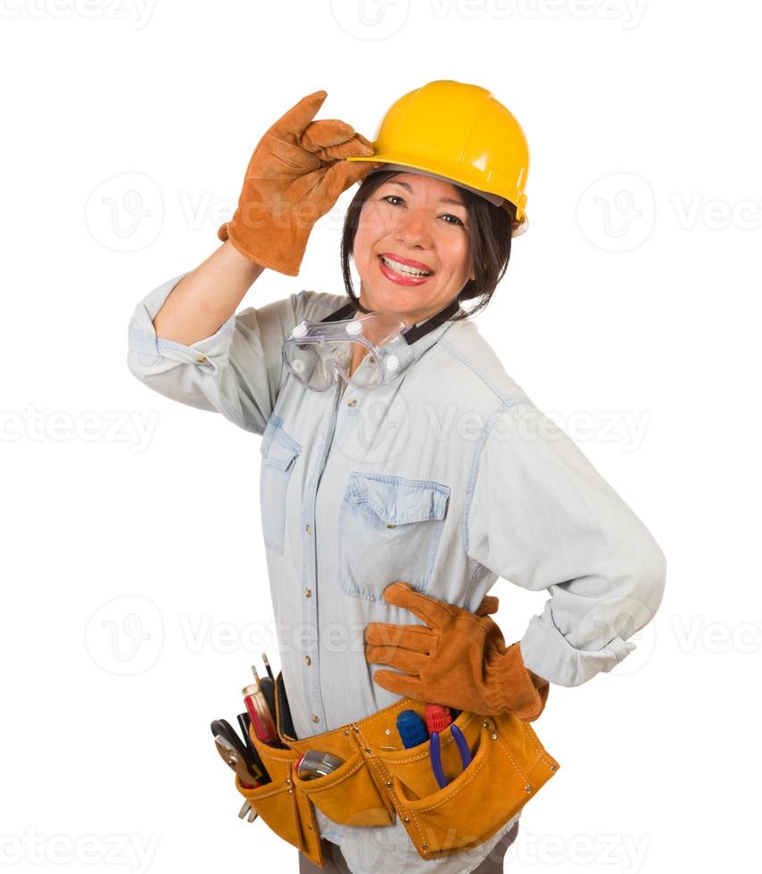 Hispanic Female Contractor Wearing Goggles, Hard Hat and Goggles Isolated on White Background photo