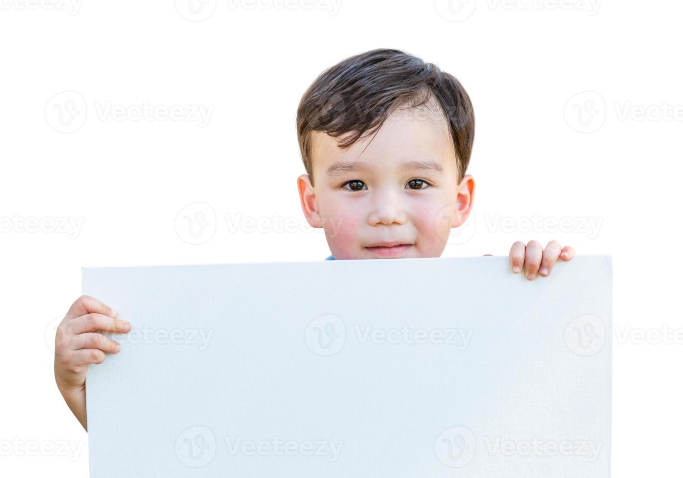 Chinese and Caucasian Boy Holding Blank Poster Board Isolated on White Background. photo