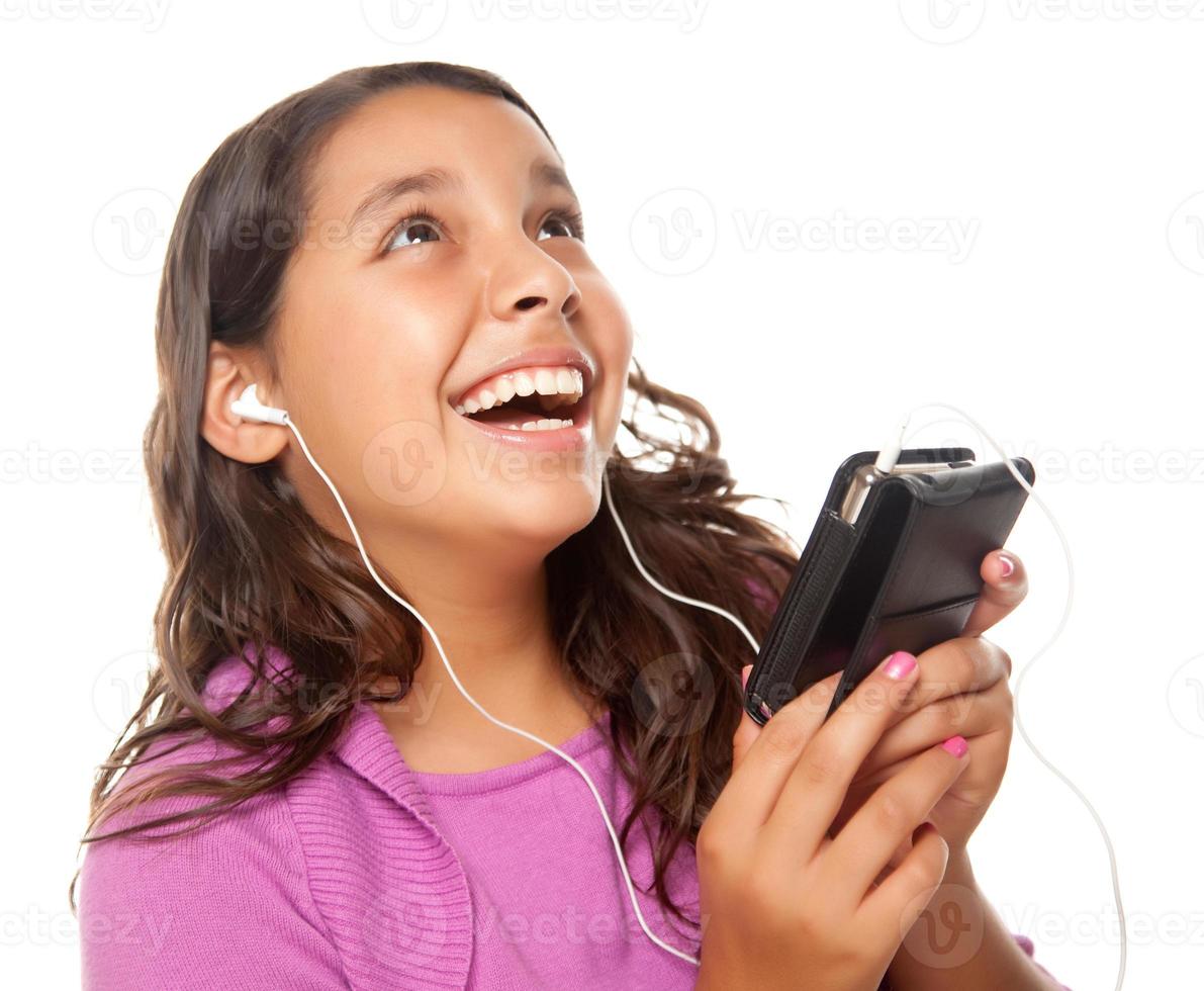 Pretty Hispanic Girl Listening and Dancing to Music photo
