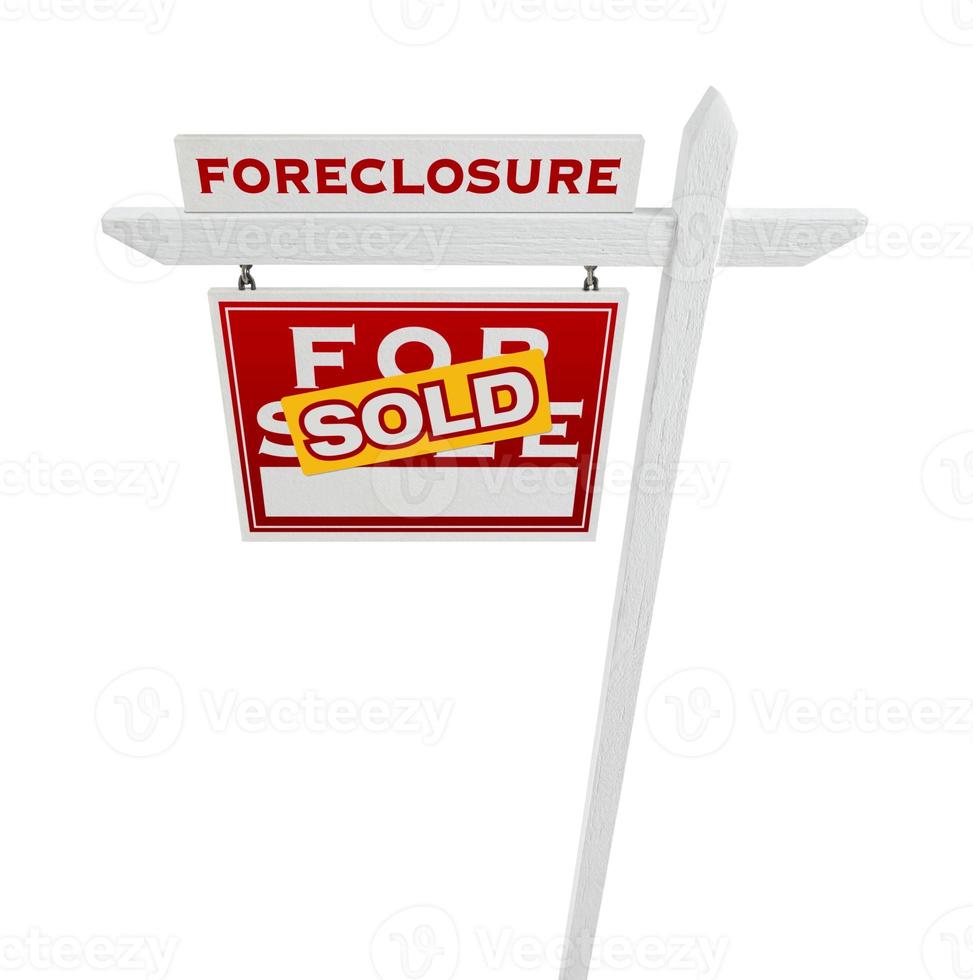 Left Facing Foreclosure Sold For Sale Real Estate Sign Isolated on White. photo