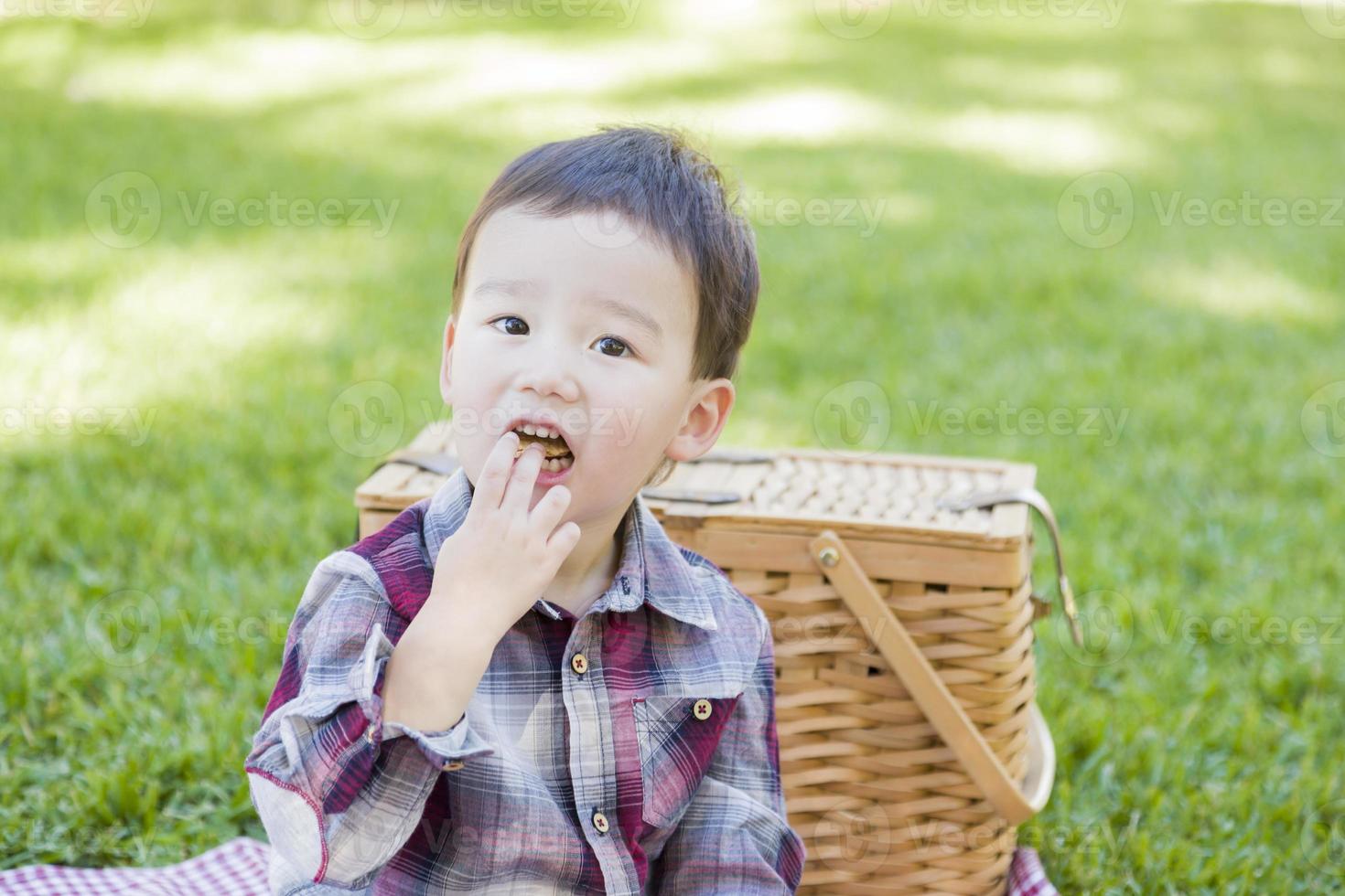 Young Mixed Race Boy Sitting in Park Near Picnic Basket photo