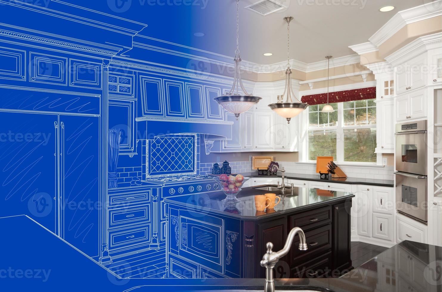 Kitchen Blueprint Drawing Gradating Into Finished Build photo
