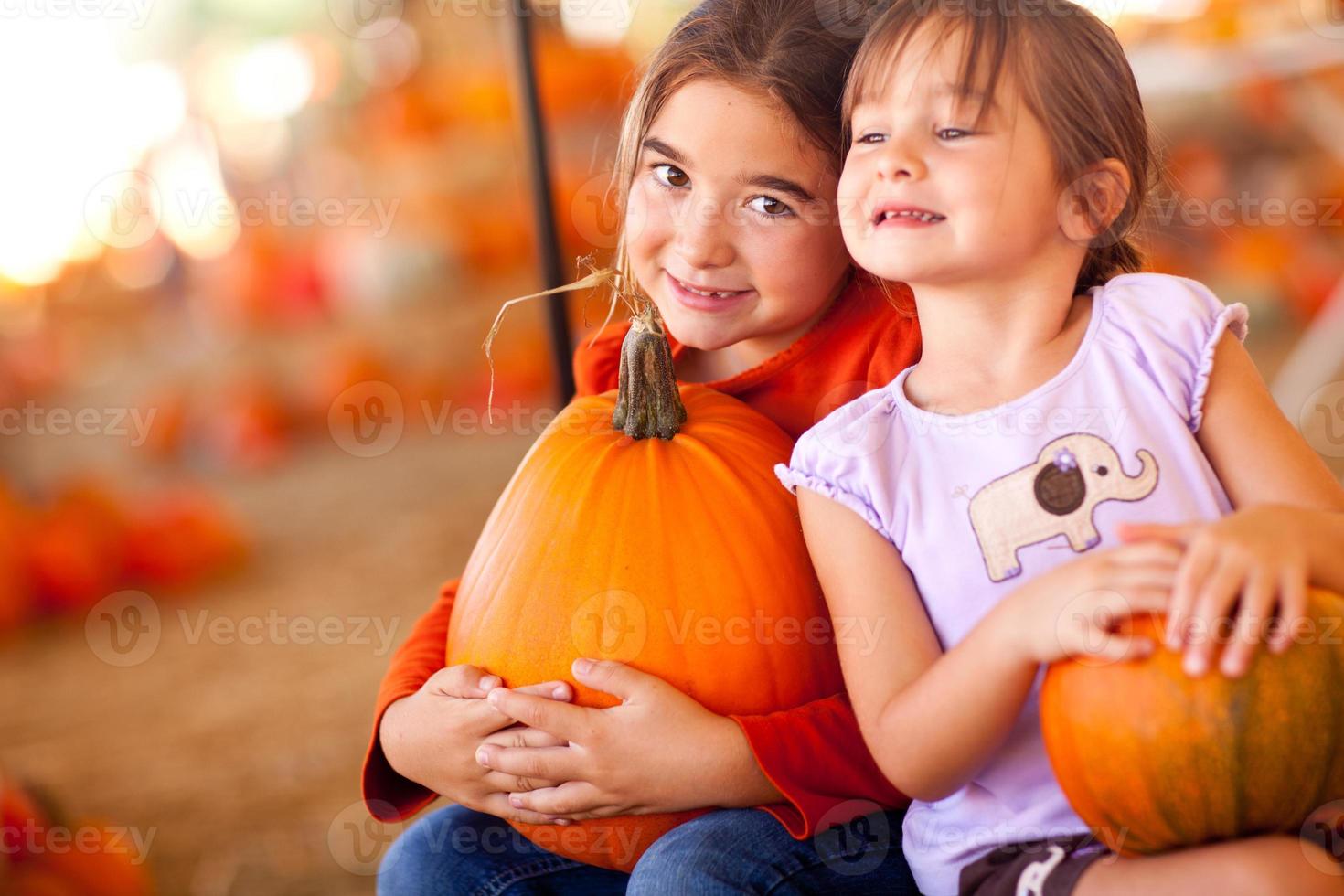 lindas niñas sosteniendo sus calabazas en un huerto de calabazas foto