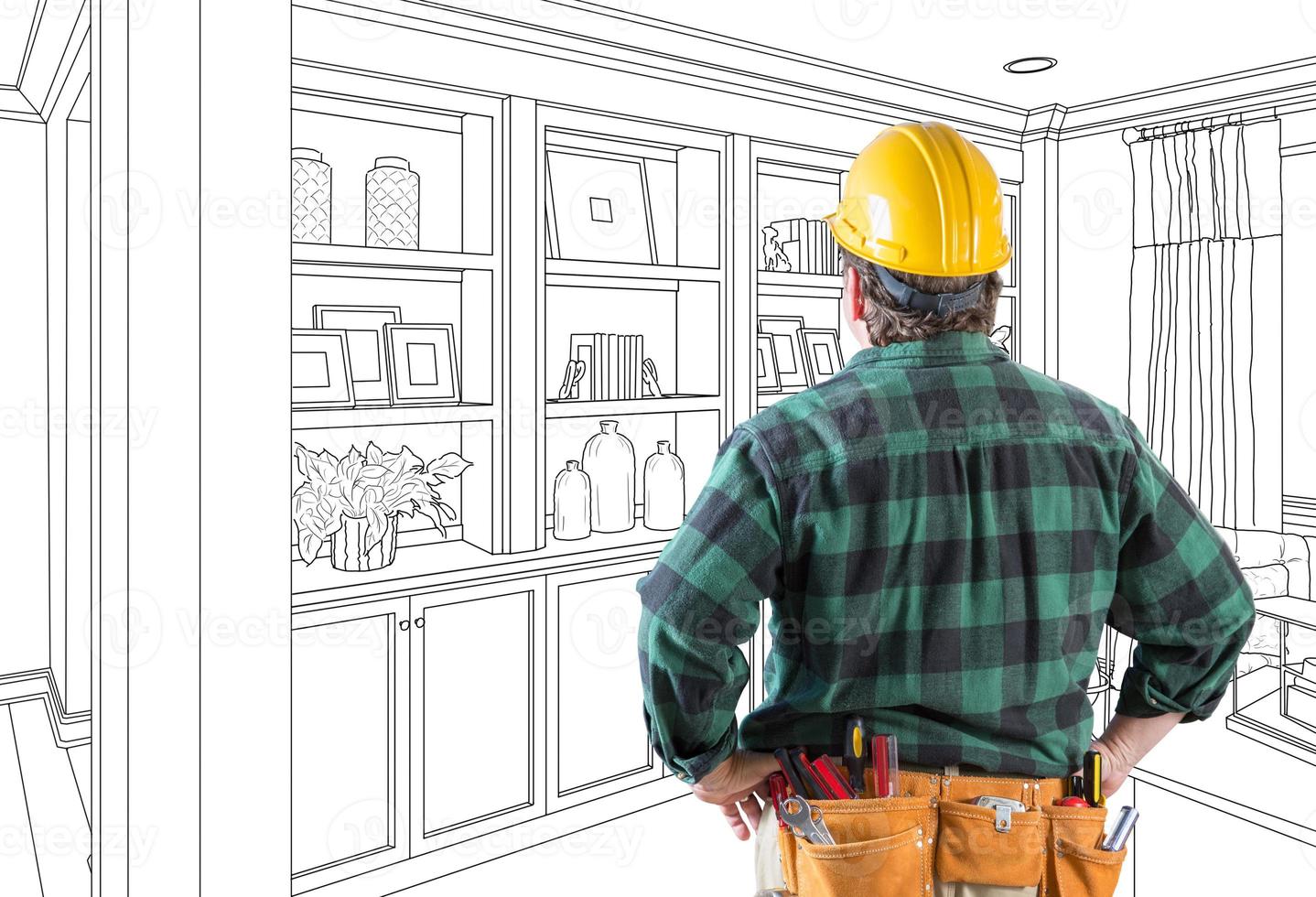 Contractor Facing Custom Built-in Shelves and Cabinets Wall Design Drawing. photo