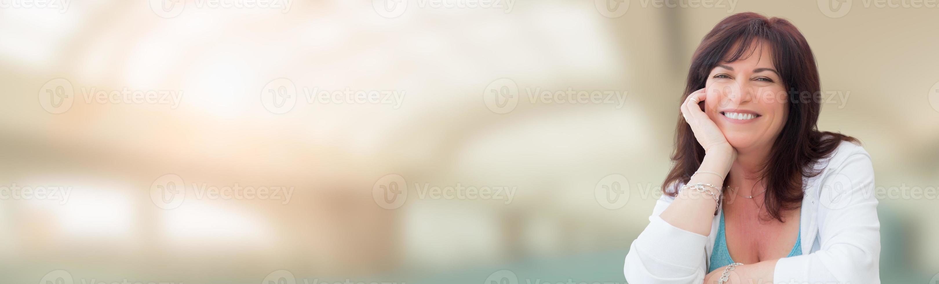 Banner of Middle Aged Woman With Abstract Building Background photo