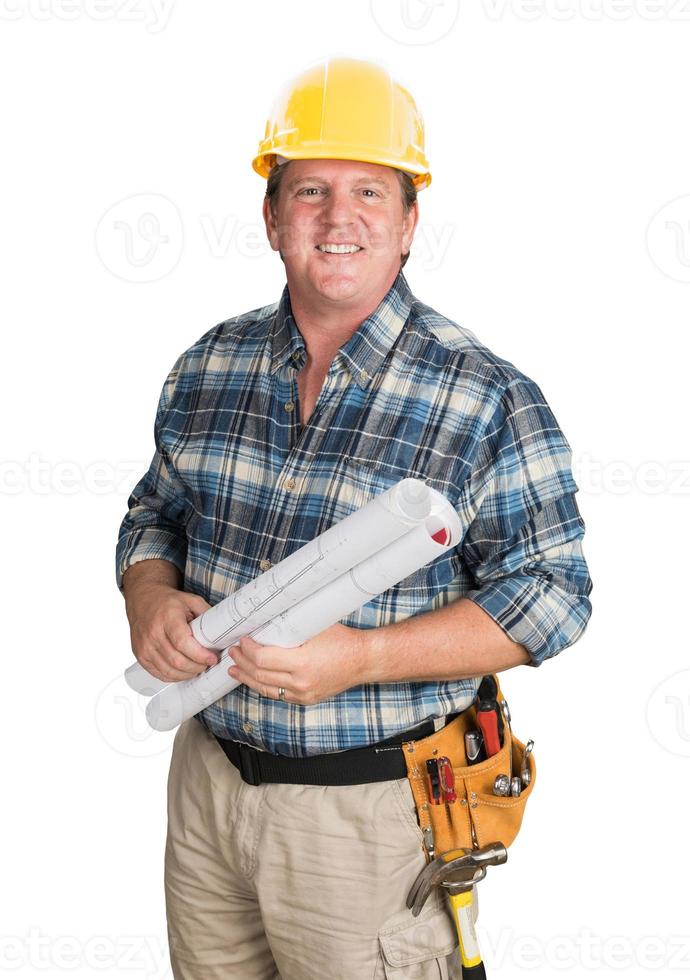 Male Contractor With House Plans Wearing Hard Hat Isolated on White photo