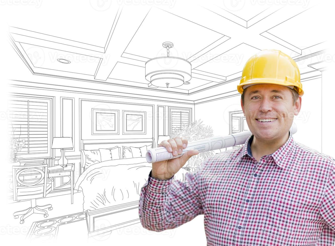 Contractor in Hard Hat Over Custom Bedroom Drawing photo