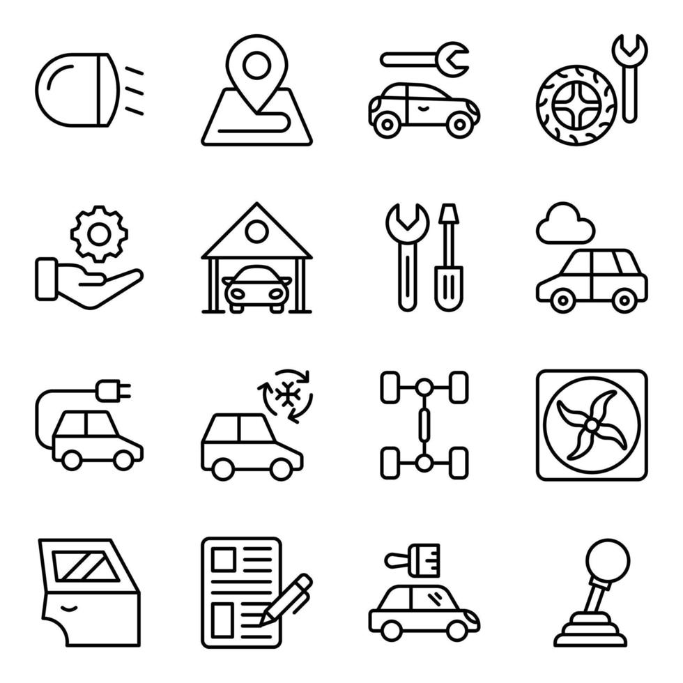iconos de vector de línea de taller de coche