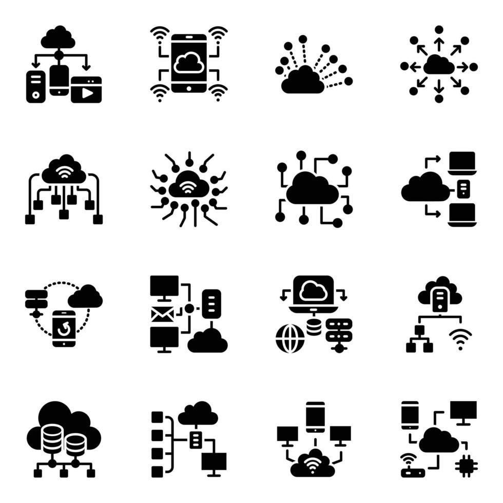 paquete de iconos de glifos de conexiones en la nube vector