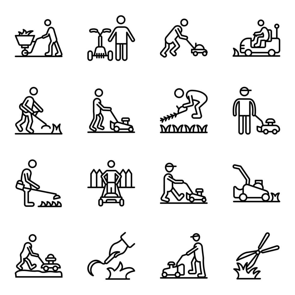 Pack of Workers Cutting Grass Icons vector