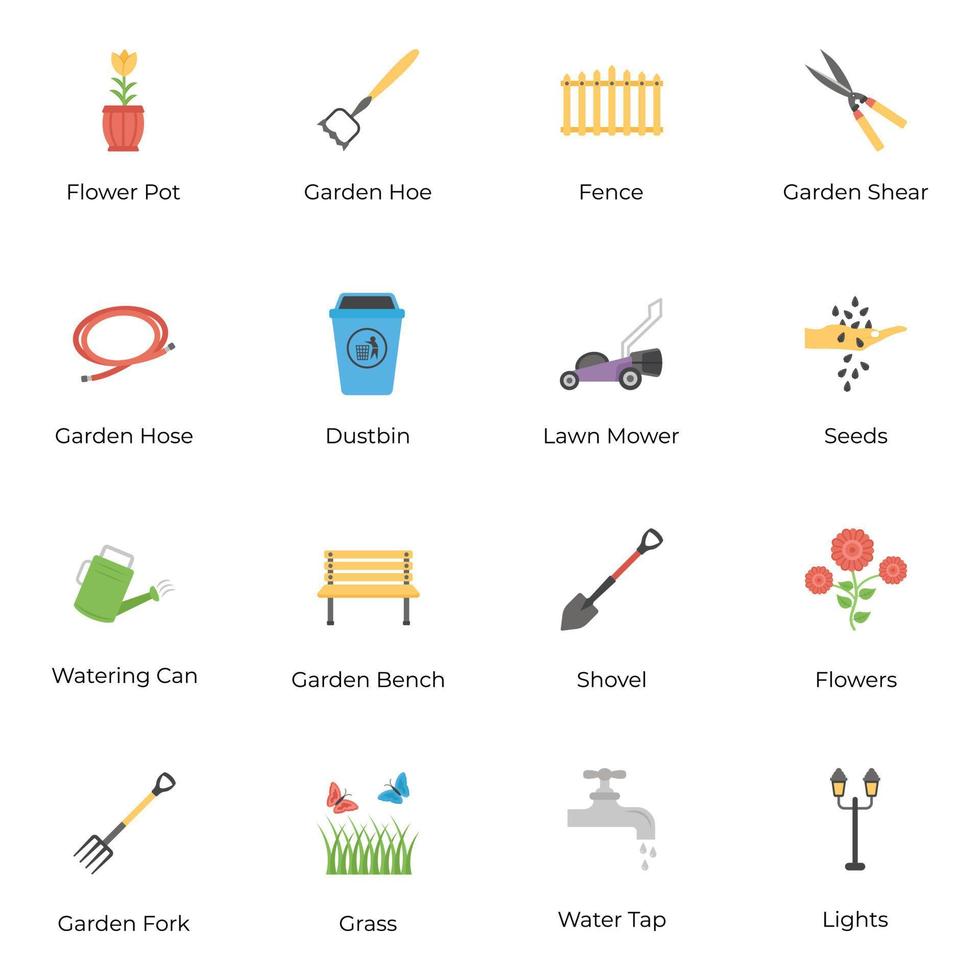 paquete de iconos planos de jardinería vector