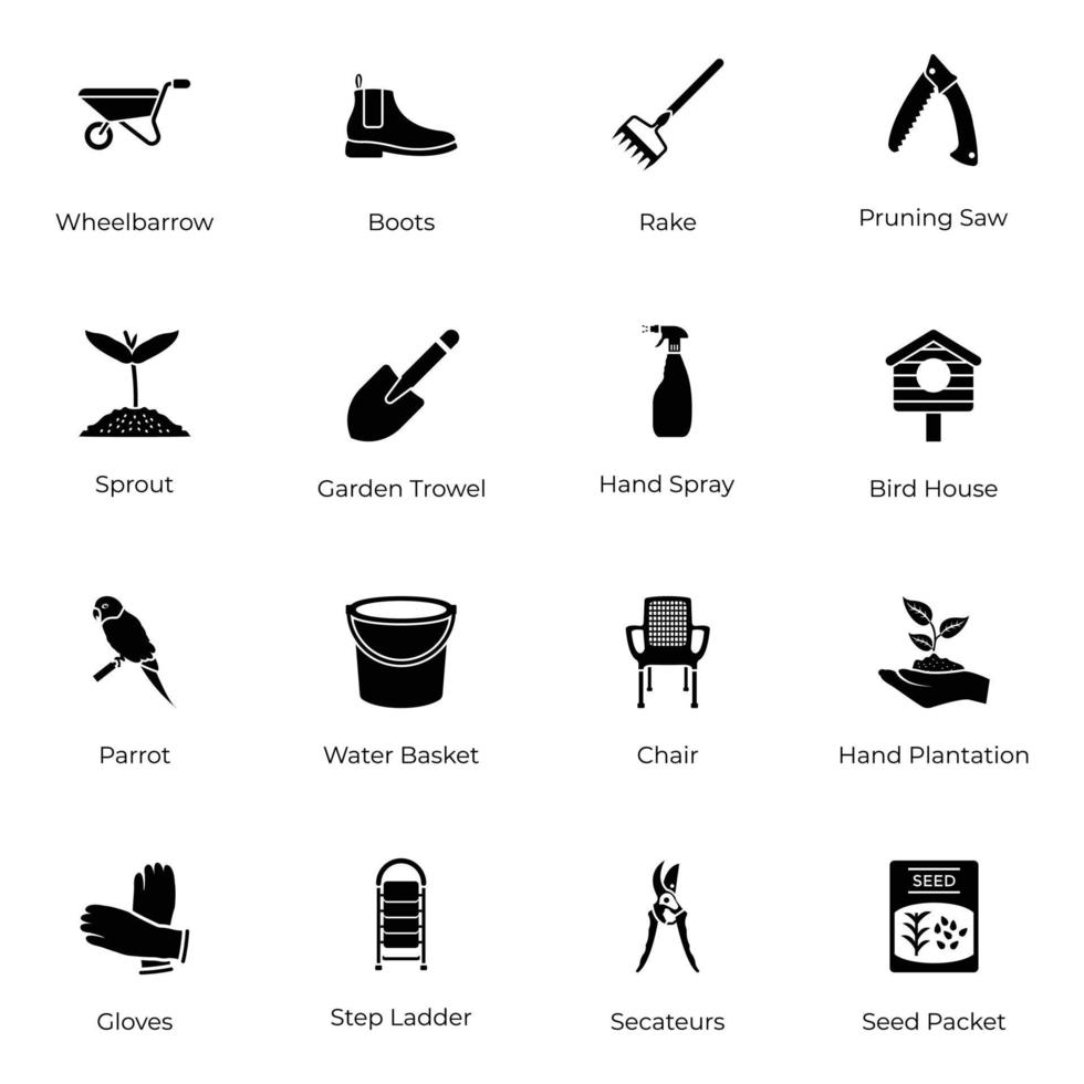 Pack of Gardening Tools Solid Icons vector