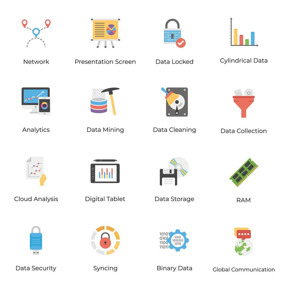 paquete de iconos planos de tablas y gráficos de datos vector