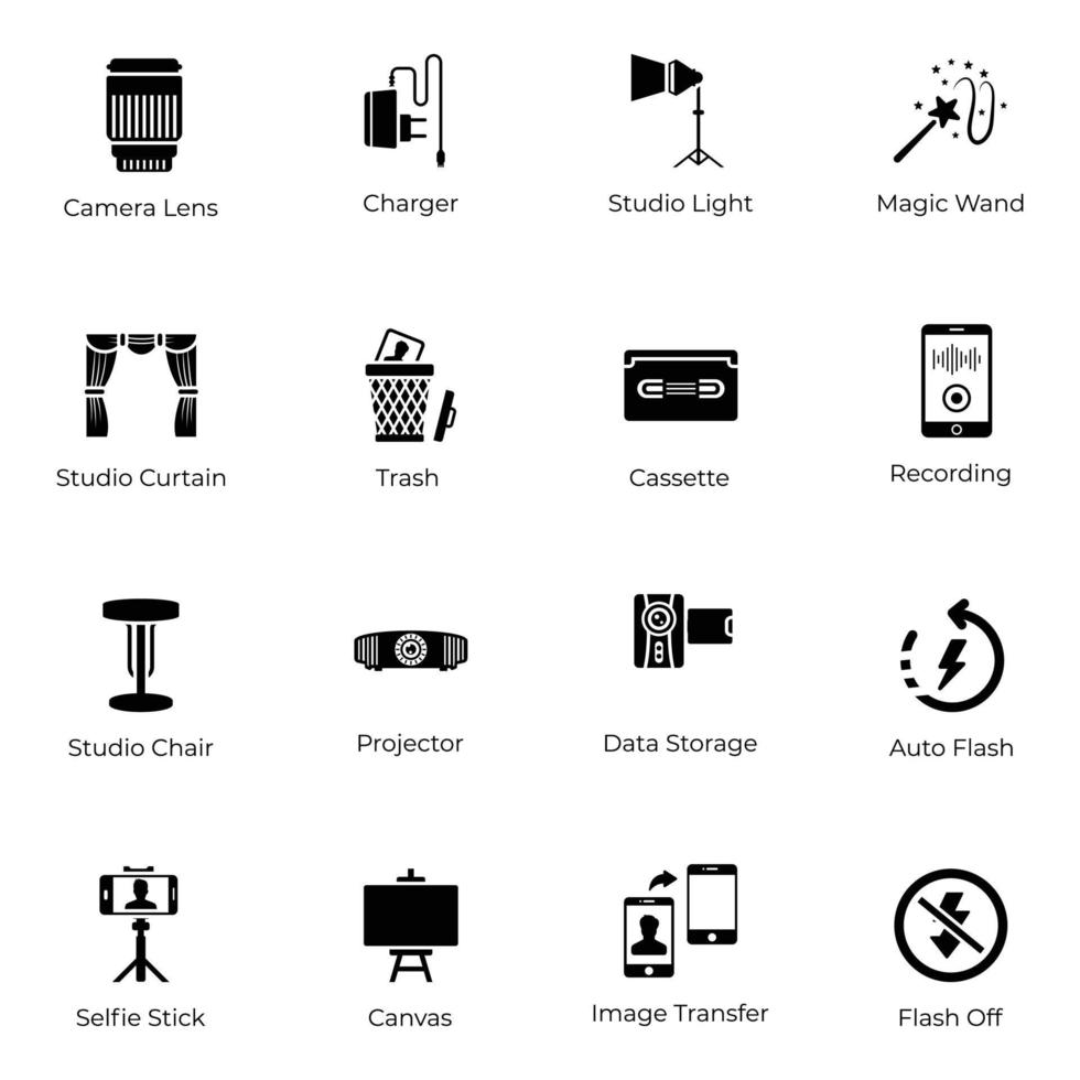 Set Of Photography and Filmmaking Solid Icons vector