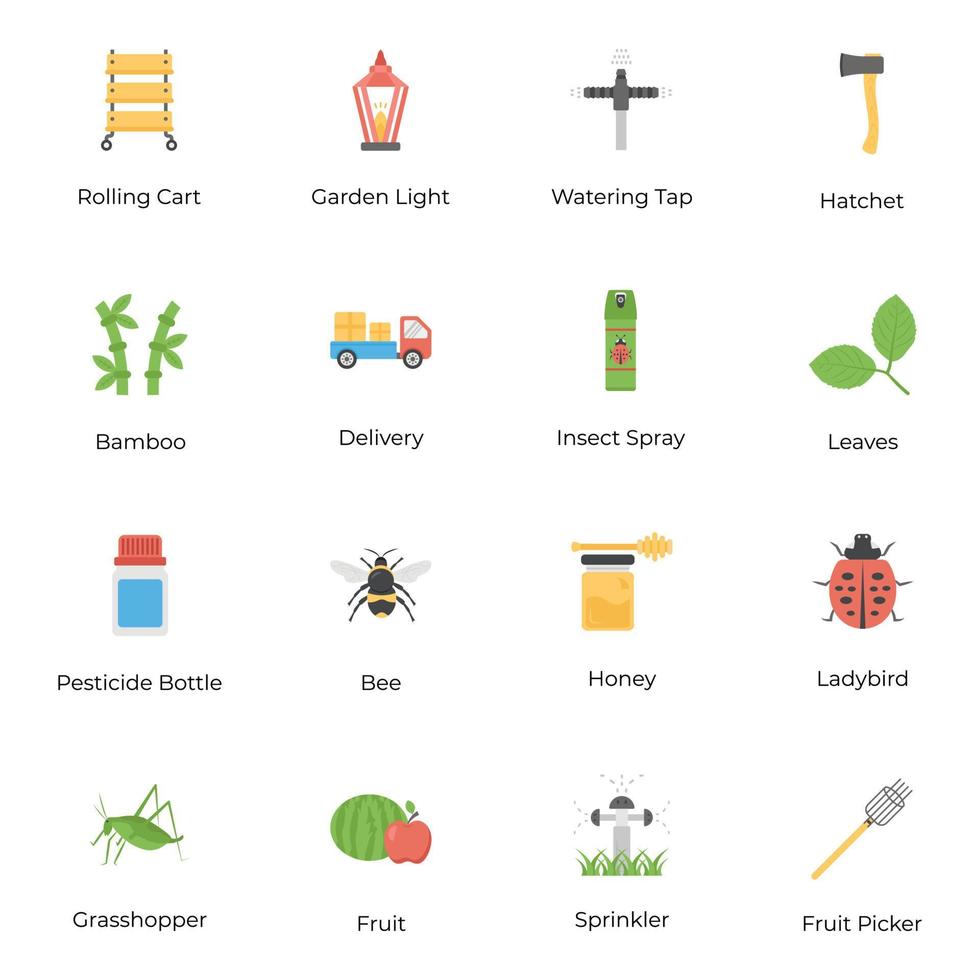 paquete de iconos planos de jardinería y cosecha vector