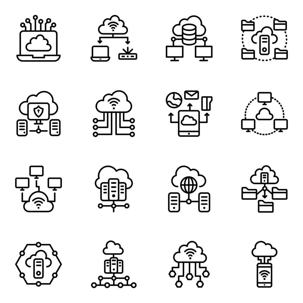 paquete de iconos de línea de alojamiento de datos y nube vector