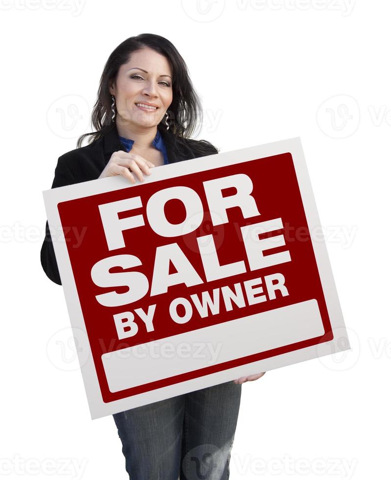 Hispanic Woman Holding For Sale By Owner Sign On White photo