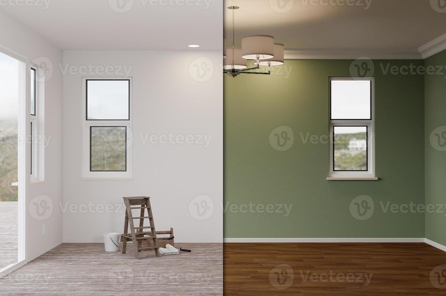 3D Illustration of Unfinished Raw and Newly Remodeled Room of House Before and After with Wood Floors, Moulding, Green Paint and Ceiling Lights. photo