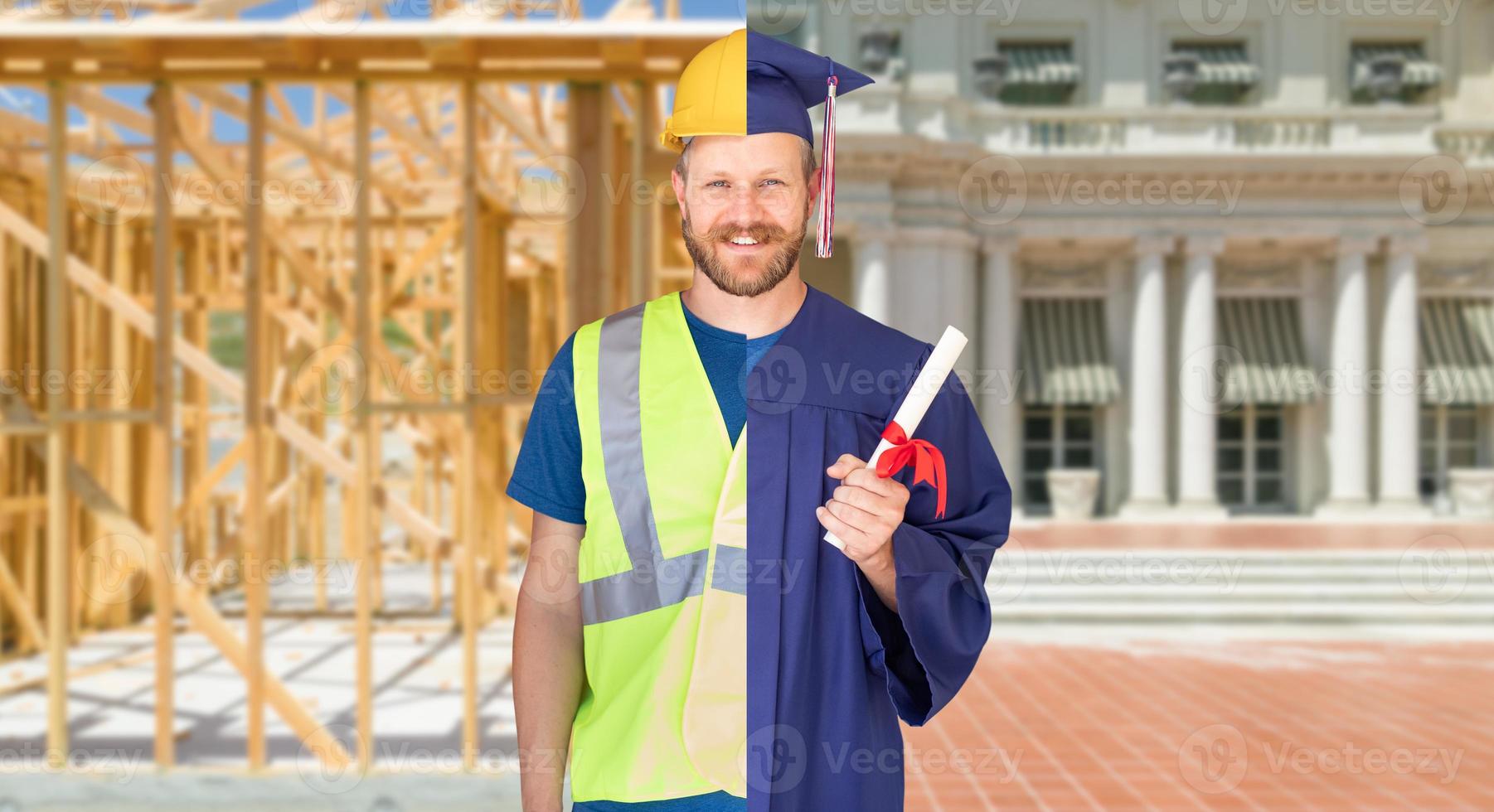 Split Screen Male Graduate In Cap and Gown to Engineer in Hard Hat Concept photo