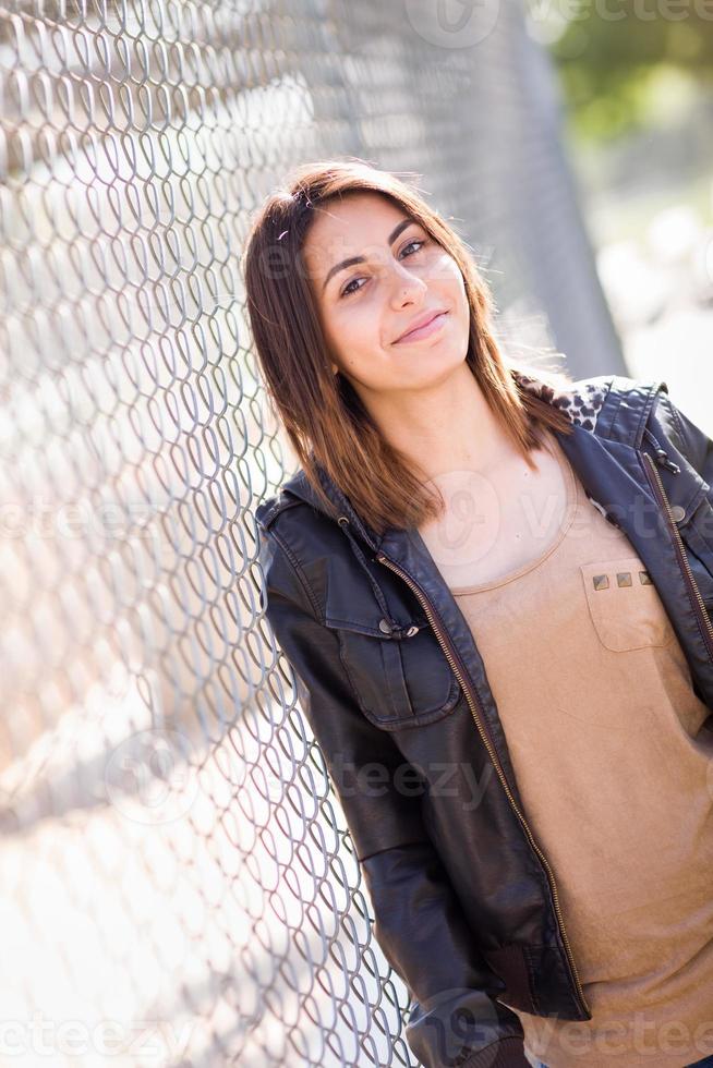 Beautiful Happy Mixed Race Young Woman Portrait Outside. photo