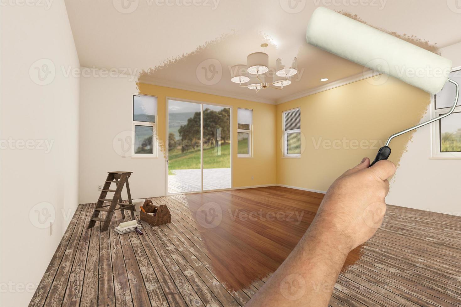 Before and After of Man Painting Roller to Reveal Newly Remodeled Room with Light Yellow Paint and New Floors. photo